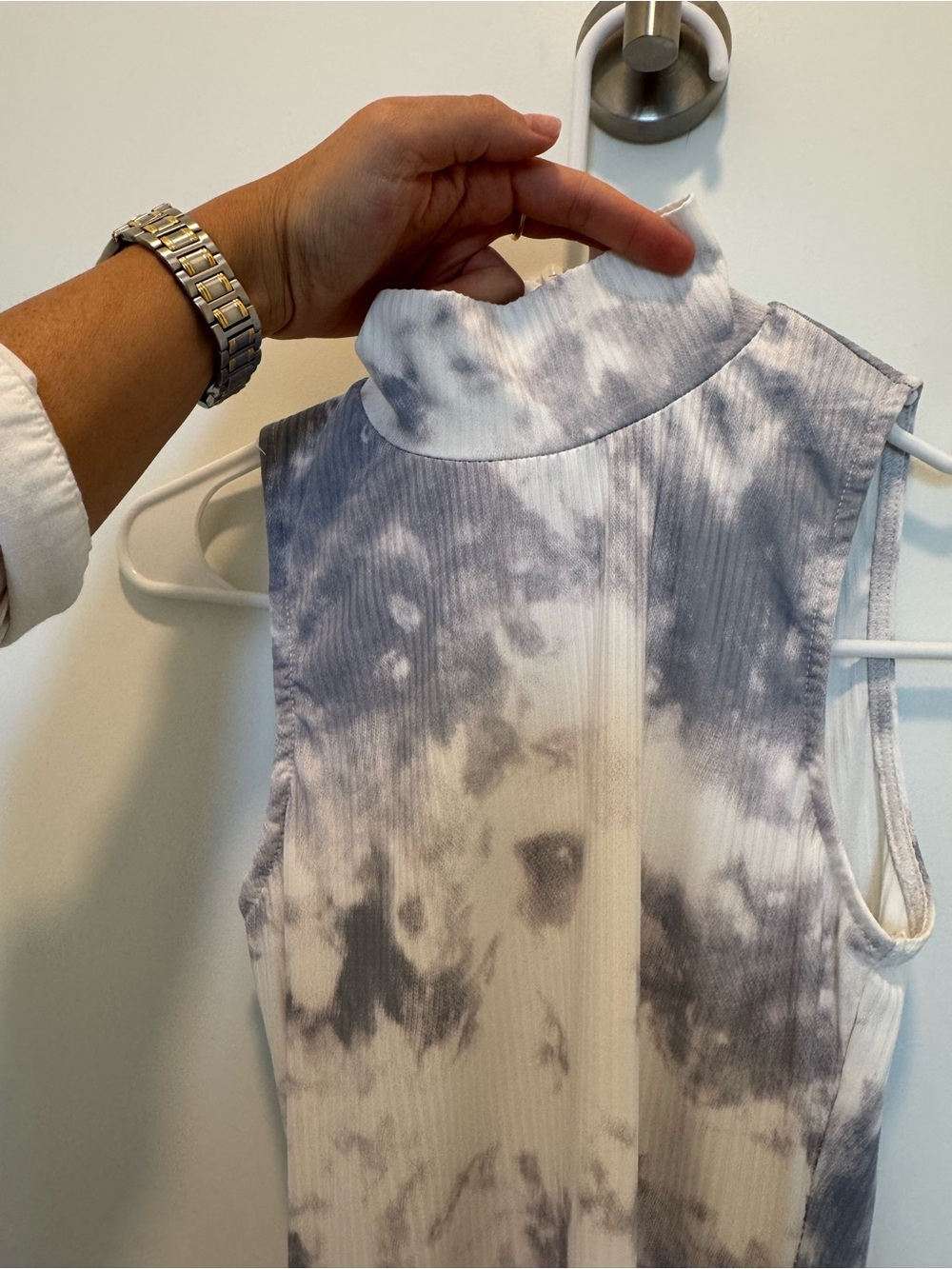Sleeveless Tie-Dye Mock Neck Mini Dress in Gray and White - Picture 3 of 4